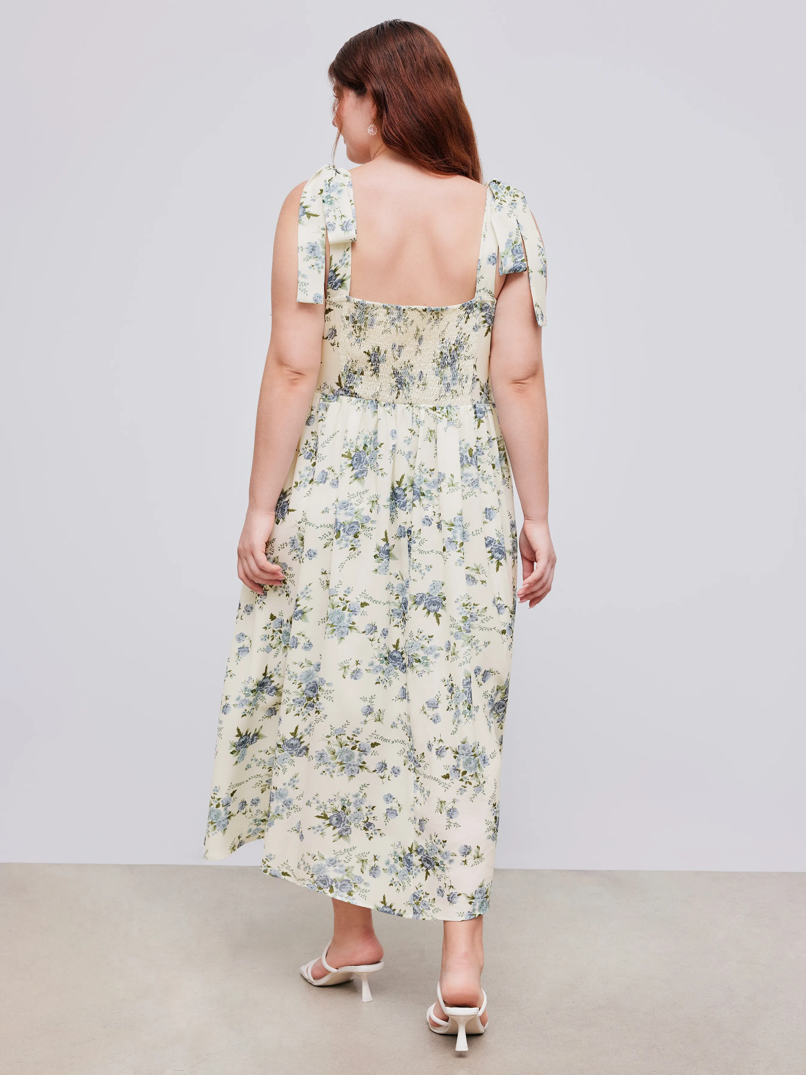 Vestido Midi Tejido con Nudo y Volante en el Dobladillo de Flores para Curvy