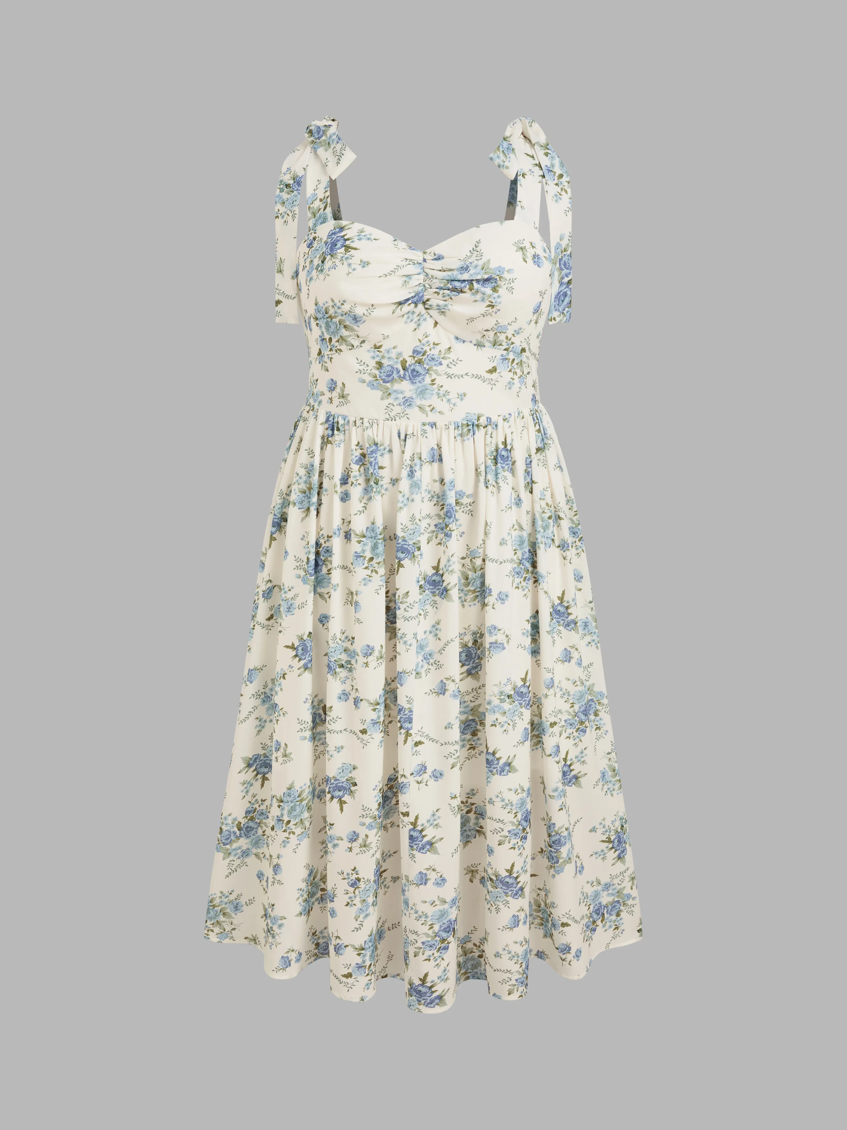 Vestido Midi Tejido con Nudo y Volante en el Dobladillo de Flores para Curvy