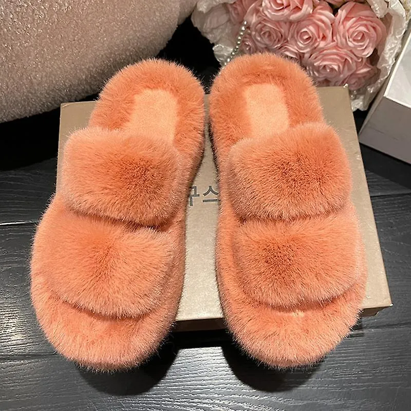 Zapatillas de hogar cálidas y esponjosas para mujeres 2023 Zapatillas de piel de invierno para mujeres Plataforma plana acogedor