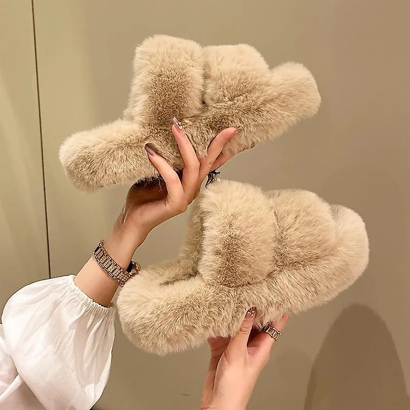 Zapatillas de hogar cálidas y esponjosas para mujeres 2023 Zapatillas de piel de invierno para mujeres Plataforma plana acogedor