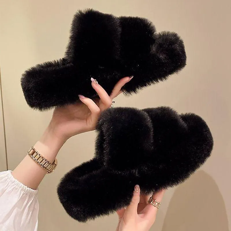 Zapatillas de hogar cálidas y esponjosas para mujeres 2023 Zapatillas de piel de invierno para mujeres Plataforma plana acogedor