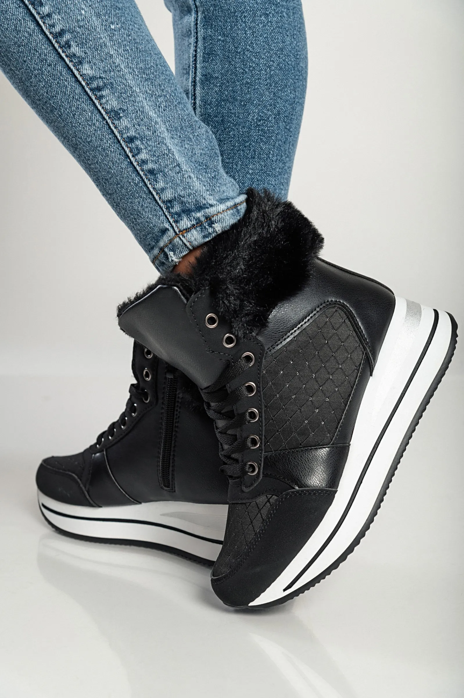 Zapatillas de moda de cuero artificial y textil, 6009, negro