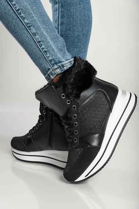 Zapatillas de moda de cuero artificial y textil, 6009, negro